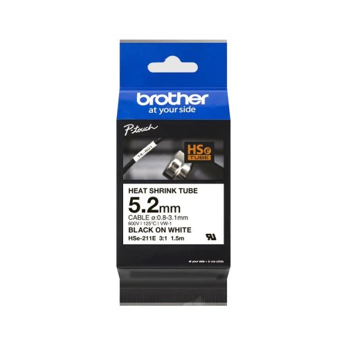 Brother HSE-211 märktejp krympslang 5,2mm Vit, för kablar 0,8-3,1mm