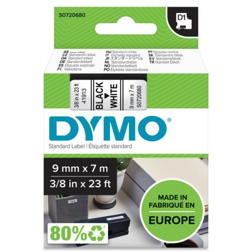 Dymo märktejp svart/vit 9mmx7m D1 Svart text vit botten